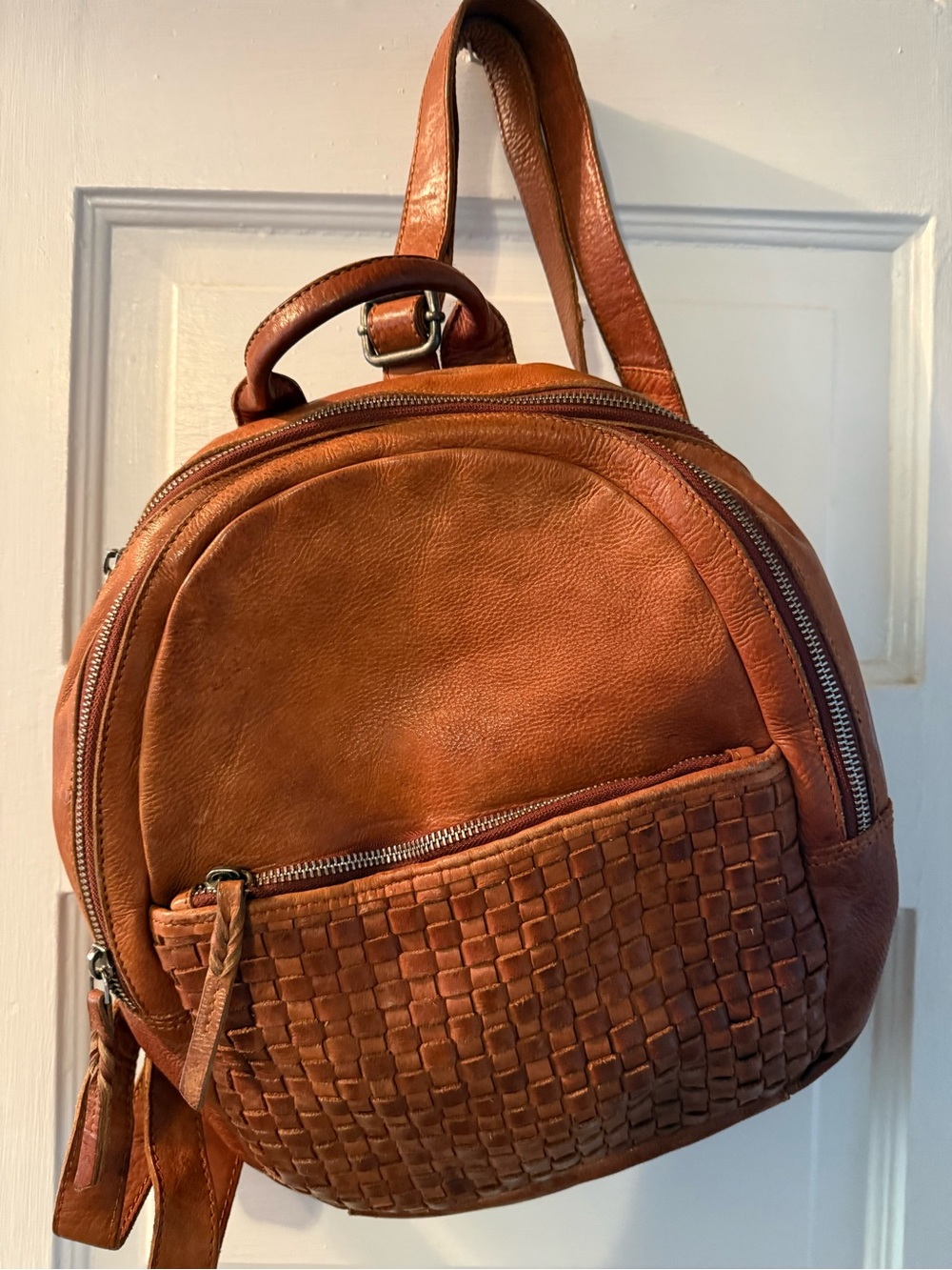Woven Front Leather Mini Backpack - Cognac
